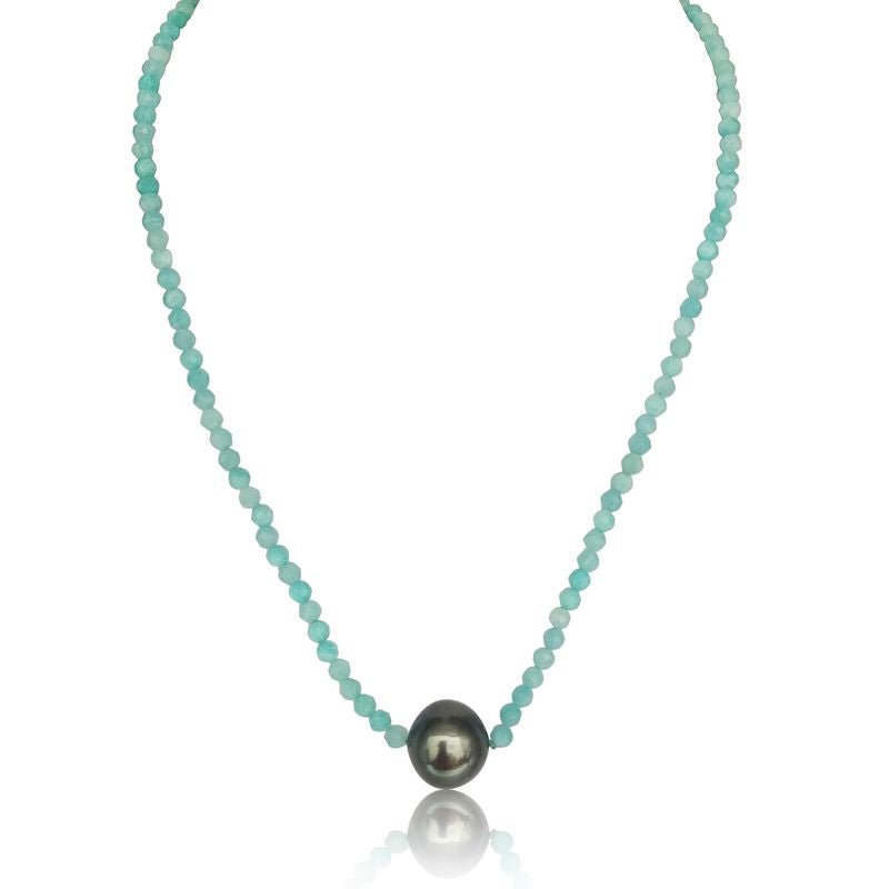 Collar de Perla Tahití 11 mm y Amazonita 3 mm, Piedras Preciosas, Oro 18K - MIMUKA (Pinctada margaritifera)