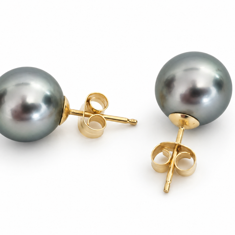 Tahitian Pearl Earrings 9 mm Round 18 Karat Gold with Certificate of Authenticity