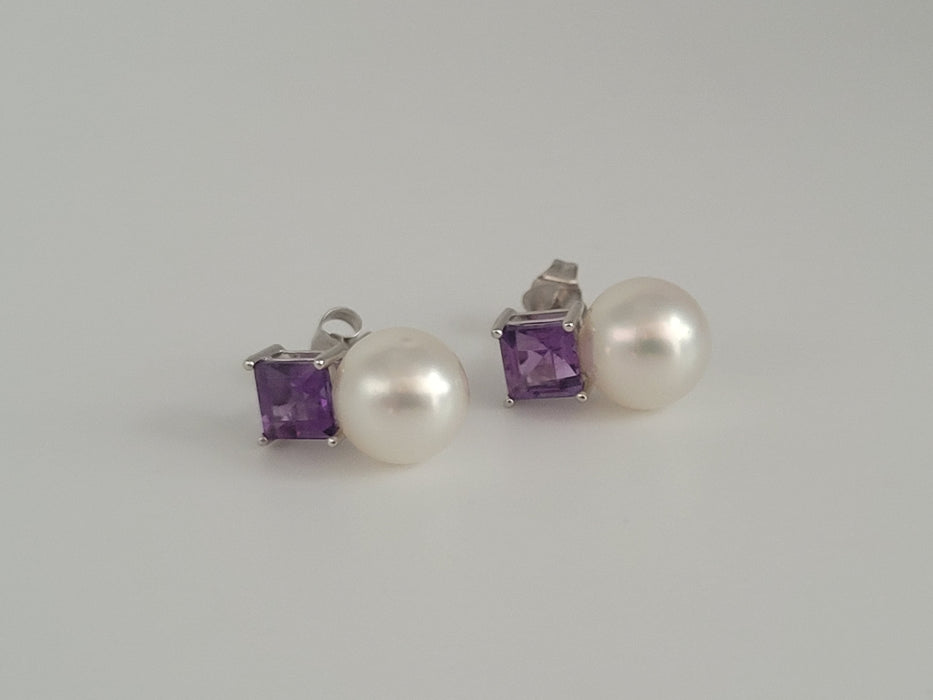 South Sea Pearl and Precious Stones Amethyst, 18K White Gold Stud Earrings |  The South Sea Pearl |  The South Sea Pearl