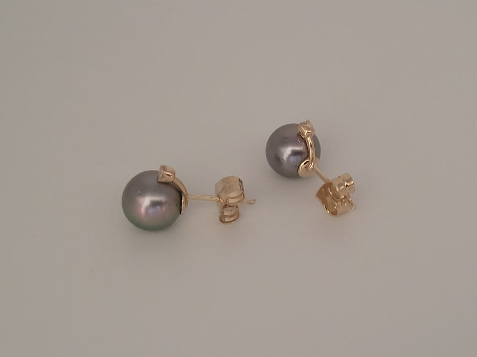 Stud Earrings Tahiti Pearls 9 mm AAA, Diamonds, 18K Solid Gold