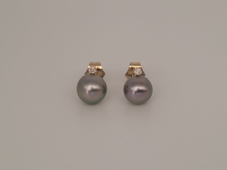 Stud Earrings Tahiti Pearls 9 mm AAA, Diamonds, 18K Solid Gold