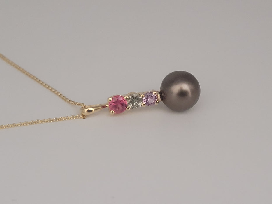 Tahiti Pearl Pendant, Natural Color Sapphires and 18K Solid Gold