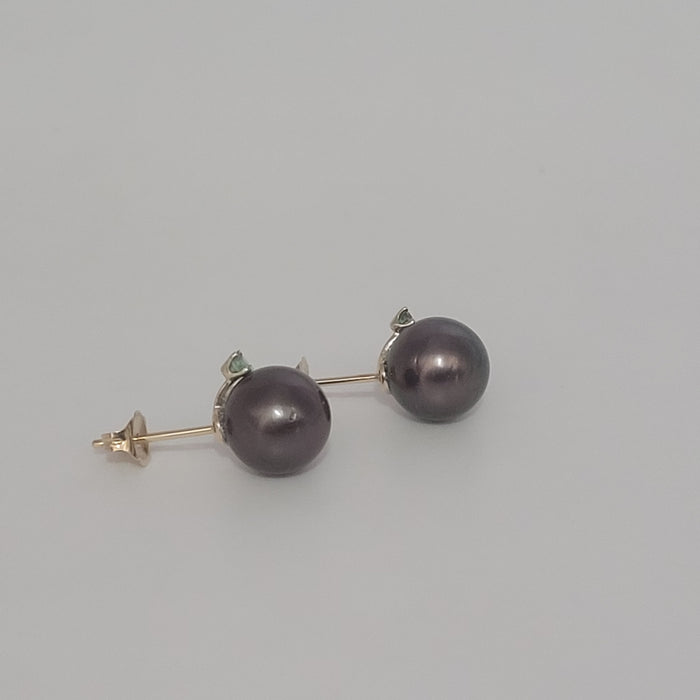 Tahiti Pearl 9 mm round, Yellow Gold 9K,  Emeralds Precious Stones