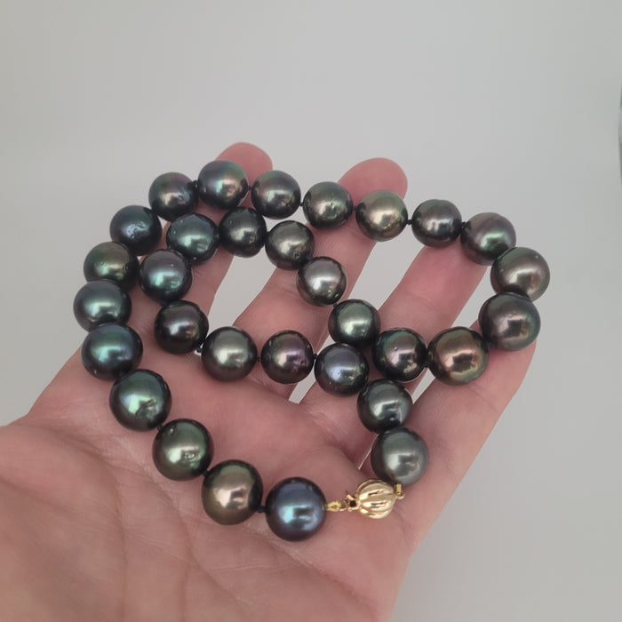 Tahiti Pearls 12-13 mm Very High Luster Dark Green Color 18K Gold Clasp
