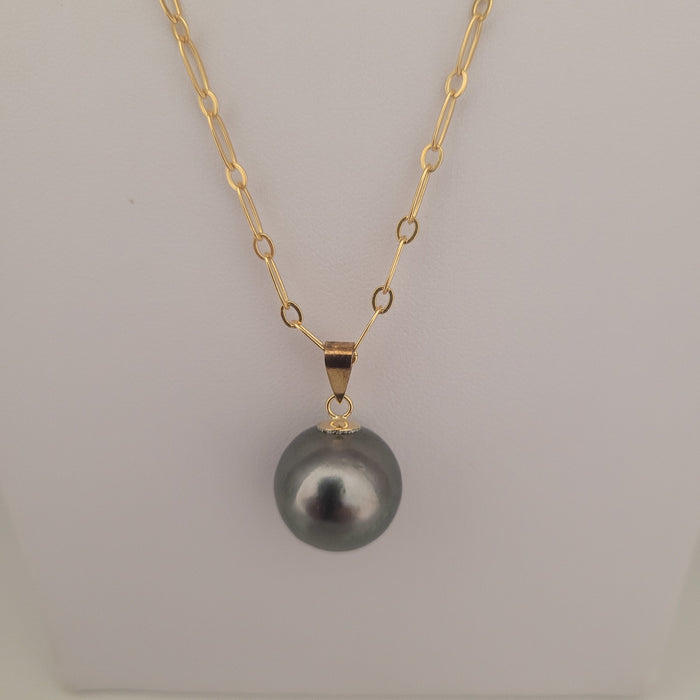 Tahiti Pearl Round Shape 15 mm Dark Color Pendant Necklace