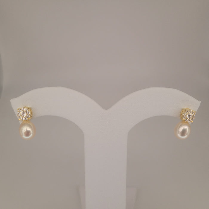 Cultured Pearl Earrings Tear-Drop 8-8.5 mm Natural Color in Silver 925 Gold Plated