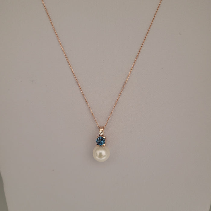 Akoya Cultured Pearl, Diamond, London Blue Topaz, 18K Rose Gold Pendant Necklace