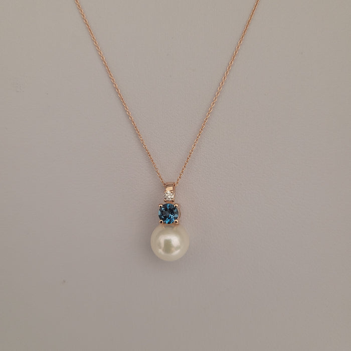 Akoya Cultured Pearl, Diamond, London Blue Topaz, 18K Rose Gold Pendant Necklace