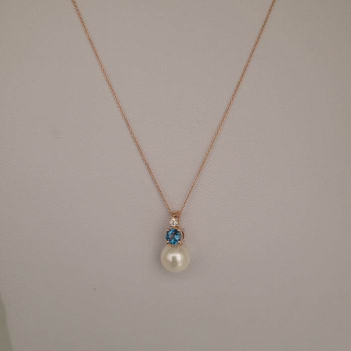 Akoya Cultured Pearl, Diamond, London Blue Topaz, 18K Rose Gold Pendant Necklace