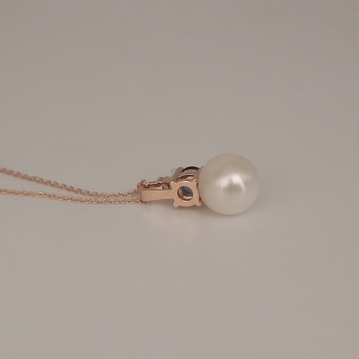 Akoya Cultured Pearl, Diamond, London Blue Topaz, 18K Rose Gold Pendant Necklace