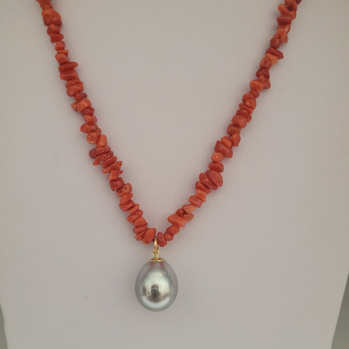 Tahiti Pearl 16 x 13  mm Drop shape and Natural Coral Necklace
