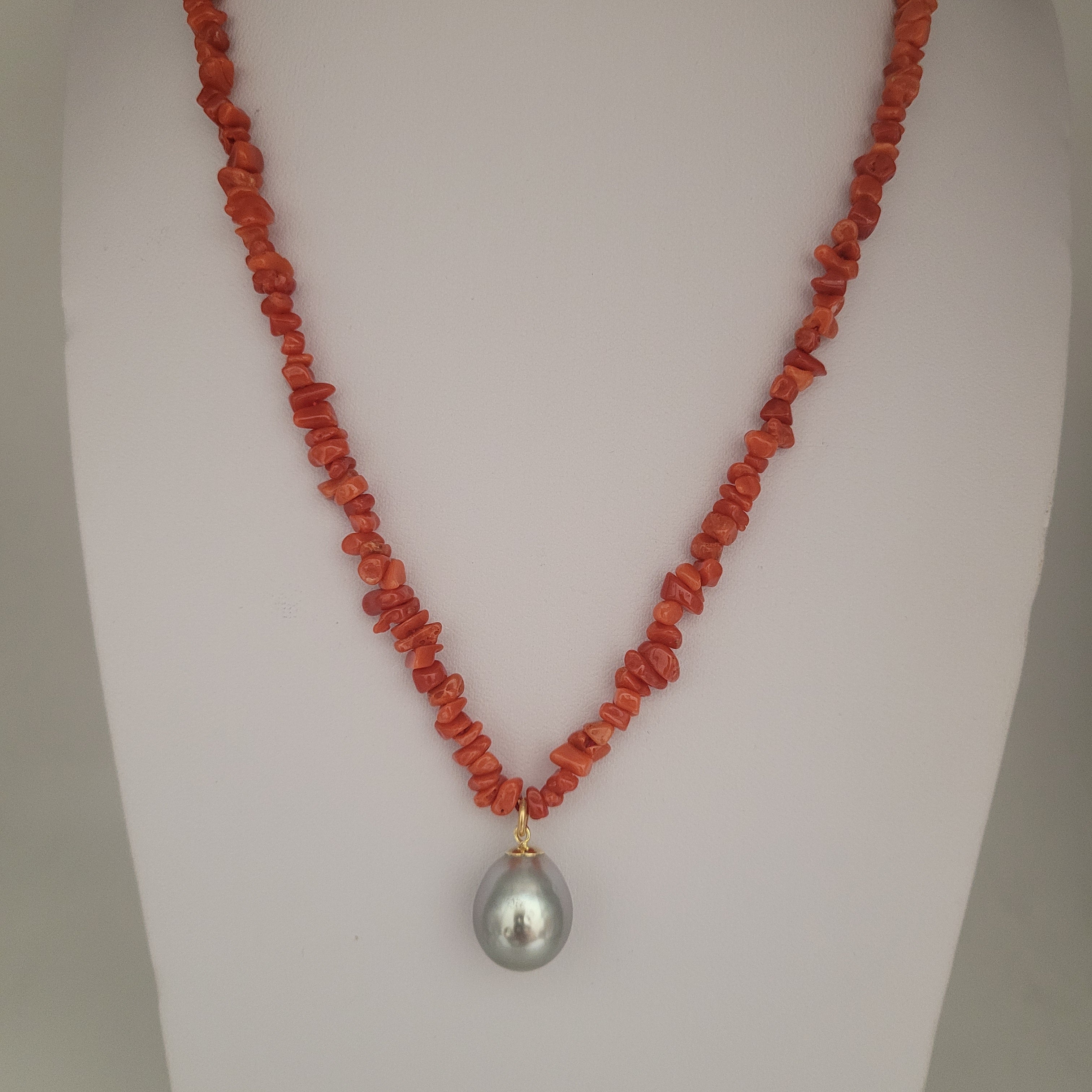 Tahiti Pearl 16 x 13  mm Drop shape and Natural Coral Necklace