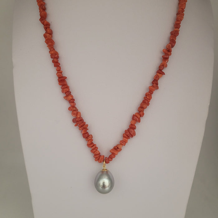 Tahiti Pearl 16 x 13  mm Drop shape and Natural Coral Necklace