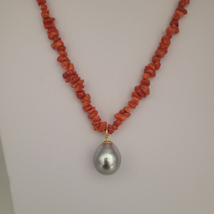 Tahiti Pearl 16 x 13  mm Drop shape and Natural Coral Necklace