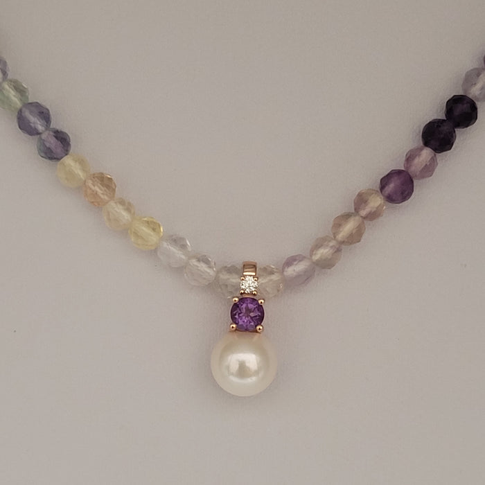 A Necklace of Amethyst stone,  Fluorite strand, Akoya Cultured Pearl, Diamond and 18K Gold