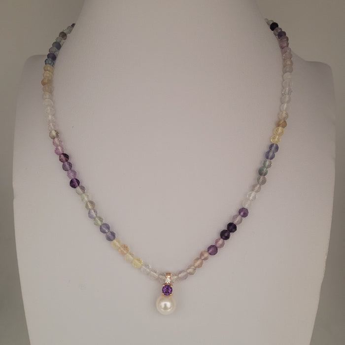 A Necklace of Amethyst stone,  Fluorite strand, Akoya Cultured Pearl, Diamond and 18K Gold