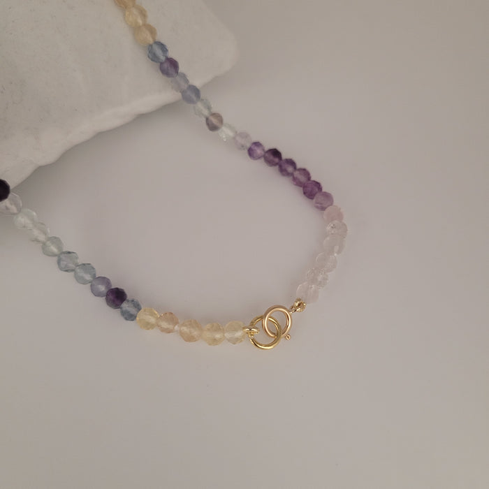 A Necklace of Amethyst stone,  Fluorite strand, Akoya Cultured Pearl, Diamond and 18K Gold