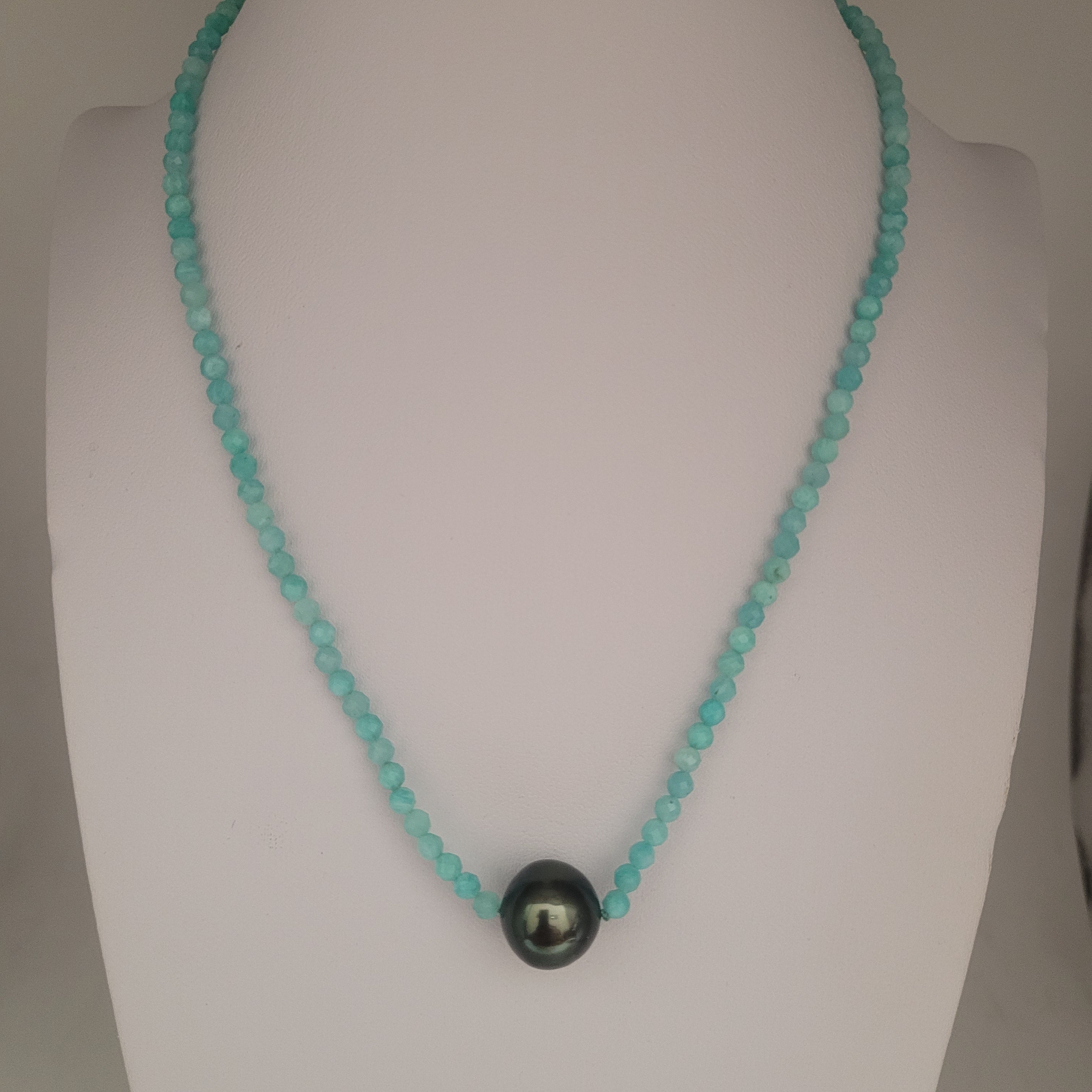 Tahitian Pearl  11 mm and 3 mm Amazonite Necklace, Precious Stones, 18K Gold
