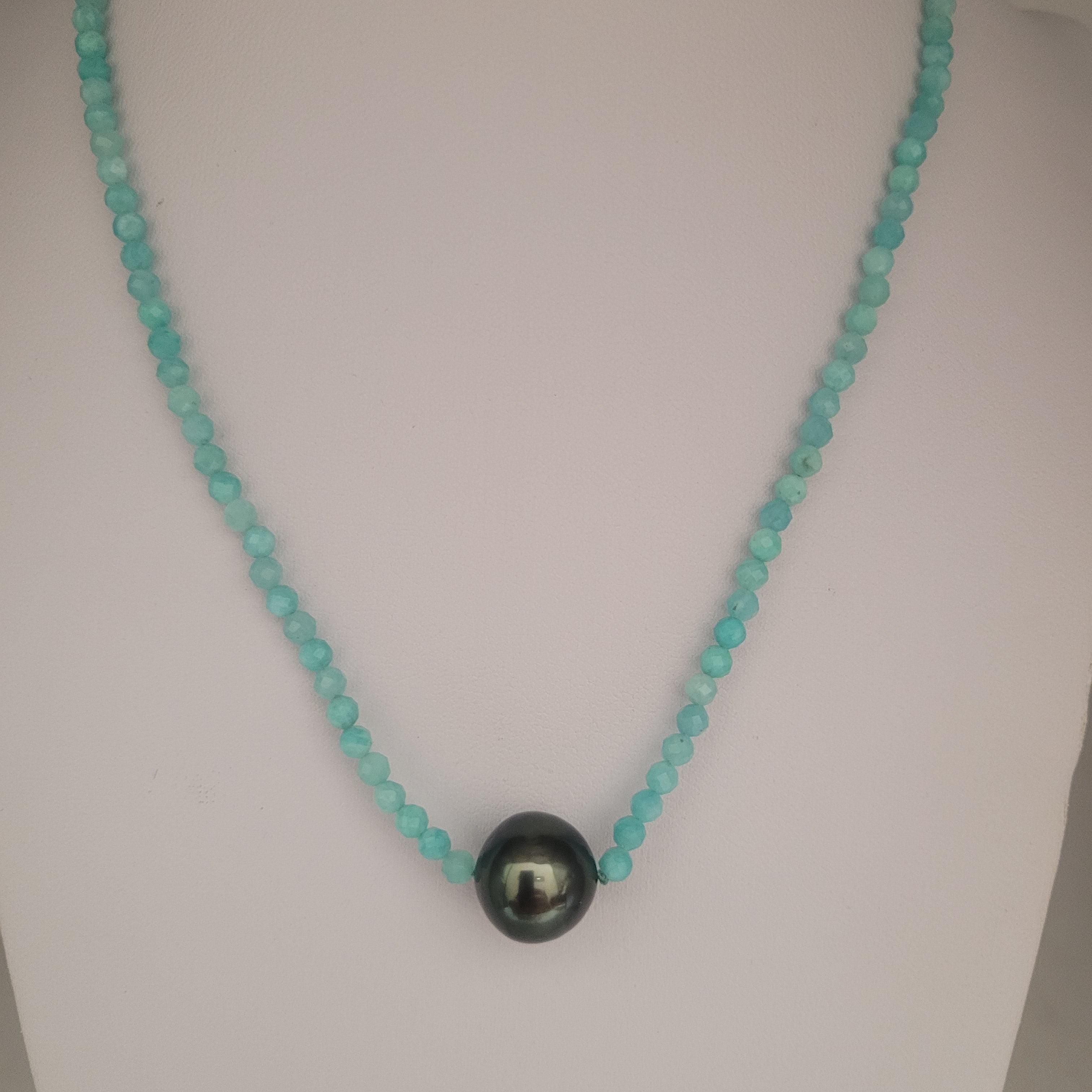 Tahitian Pearl  11 mm and 3 mm Amazonite Necklace, Precious Stones, 18K Gold