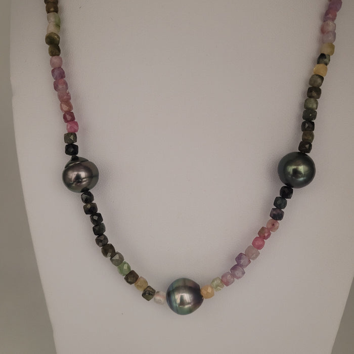 Tahiti Pearls & Multicolor Tourmaline 18K Gold Necklace