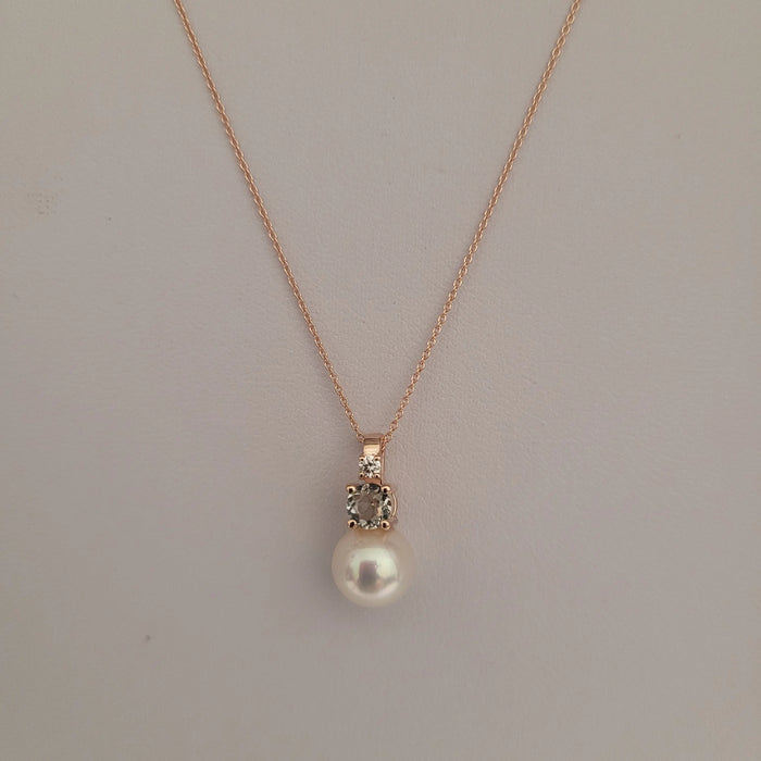 Akoya Cultured Pearl, Diamond, Green Amethyst, 18K Rose Gold necklace |  The South Sea Pearl |  The South Sea Pearl