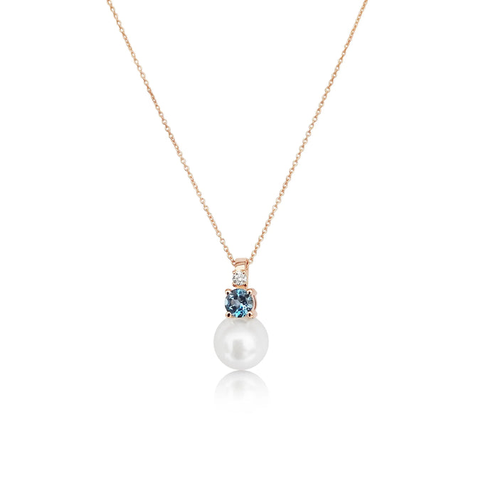 Akoya Cultured Pearl, Diamond, London Blue Topaz, 18K Rose Gold Pendant Necklace |  The South Sea Pearl |  The South Sea Pearl