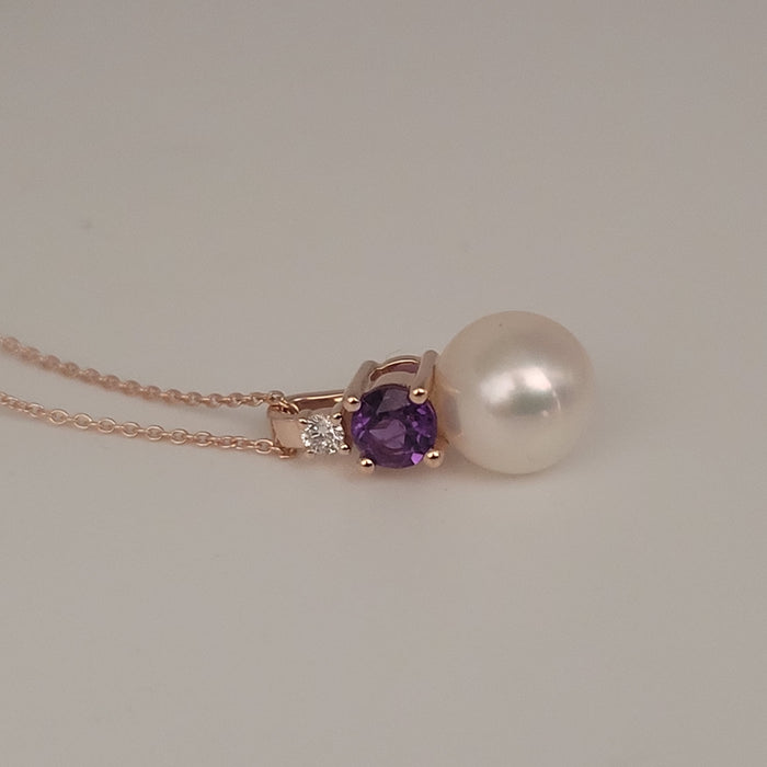 Akoya Cultured Pearl, Diamond and Amethyst, 18K Rose Gold necklace