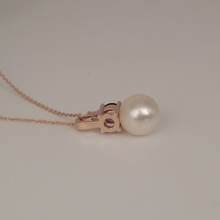 Akoya Cultured Pearl, Diamond and Amethyst, 18K Rose Gold necklace
