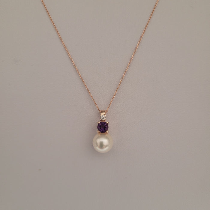 Akoya Cultured Pearl, Diamond and Amethyst, 18K Rose Gold necklace