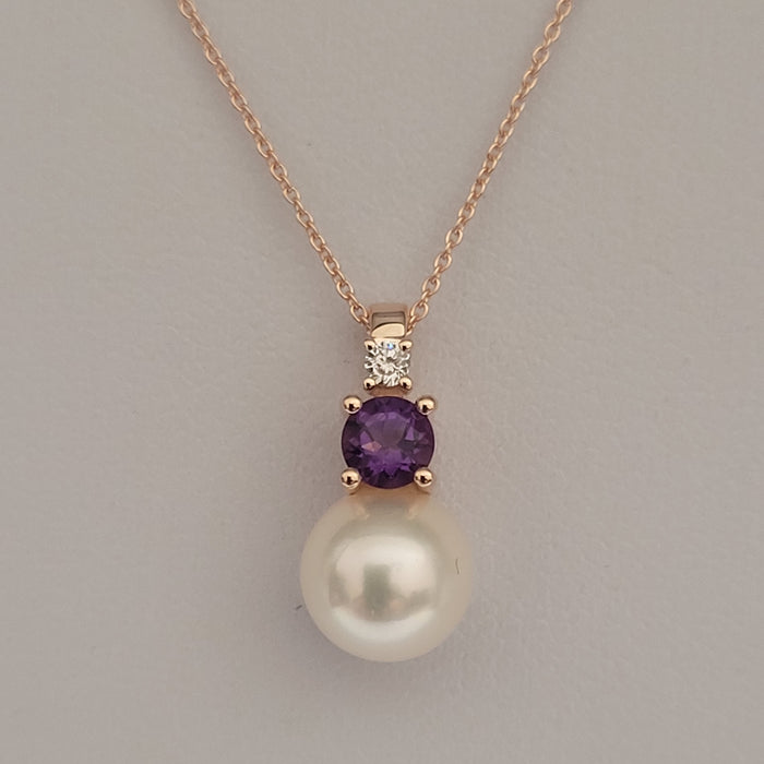 Akoya Cultured Pearl, Diamond and Amethyst, 18K Rose Gold necklace