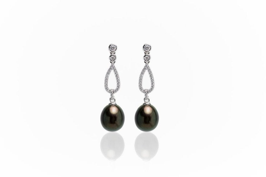 Cultured Pearl Tear-Drop 8 mm Black Color AAA 925 Silver Earrings