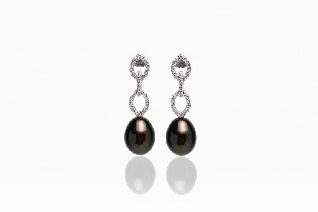 Cultured Pearl Tear-Drop 8 mm Black Color AAA 925 Silver Earrings