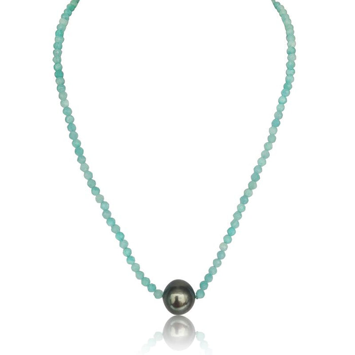 Tahitian Pearl  11 mm and 3 mm Amazonite Necklace, Precious Stones, 18K Gold