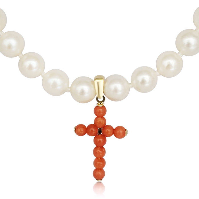 Cultured Pearl Necklace & Coral Cross in 18K Gold