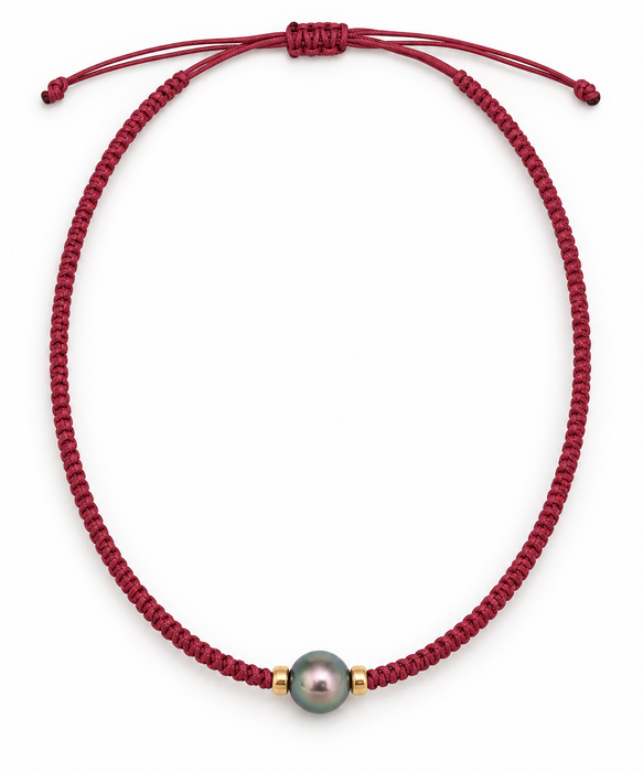 Tahiti Pearl 11-12 mm Necklace & Gold Donuts, Handmade in Macramé,