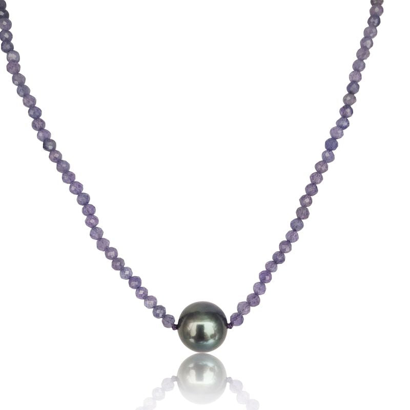 Tahiti Pearl 11 mm Dark Color Excellent Luster, Tanzanite Precious Stones, 18K Gold Clasp
