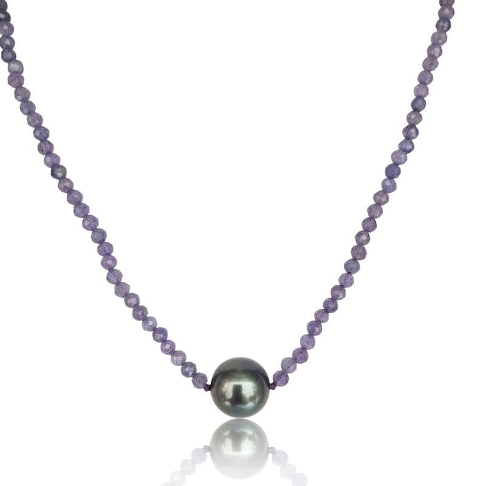 Tahiti Pearl 11 mm Dark Color Excellent Luster, Tanzanite Precious Stones, 18K Gold Clasp