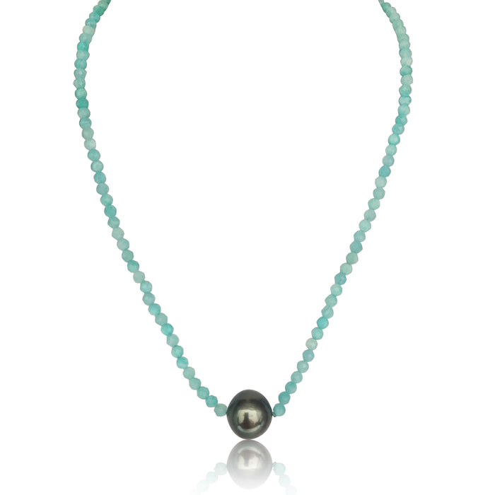 Tahitian Pearl  11 mm and 3 mm Amazonite Necklace, Precious Stones, 18K Gold