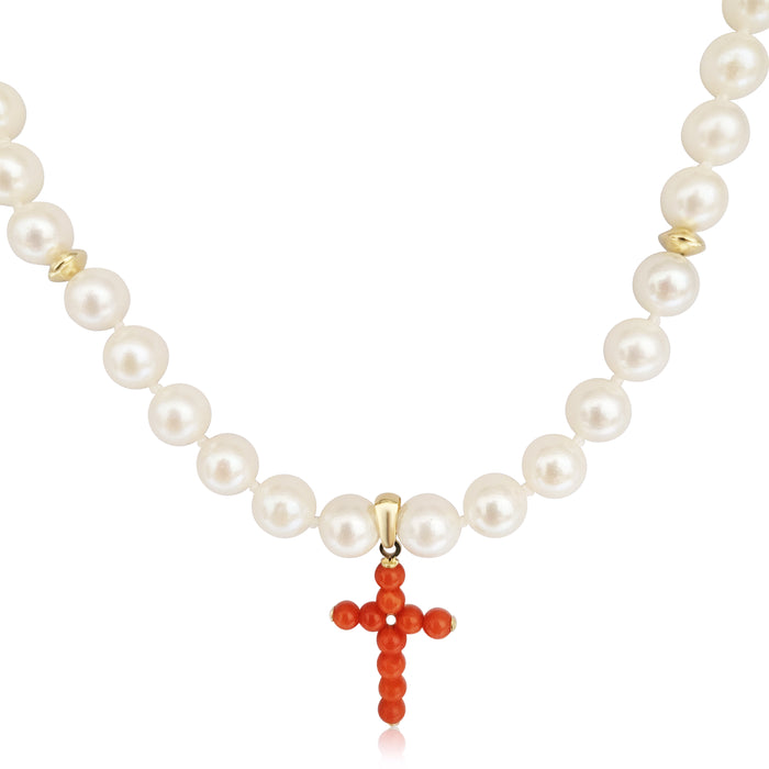 Cultured Pearl Necklace & Coral Cross in 18K Gold
