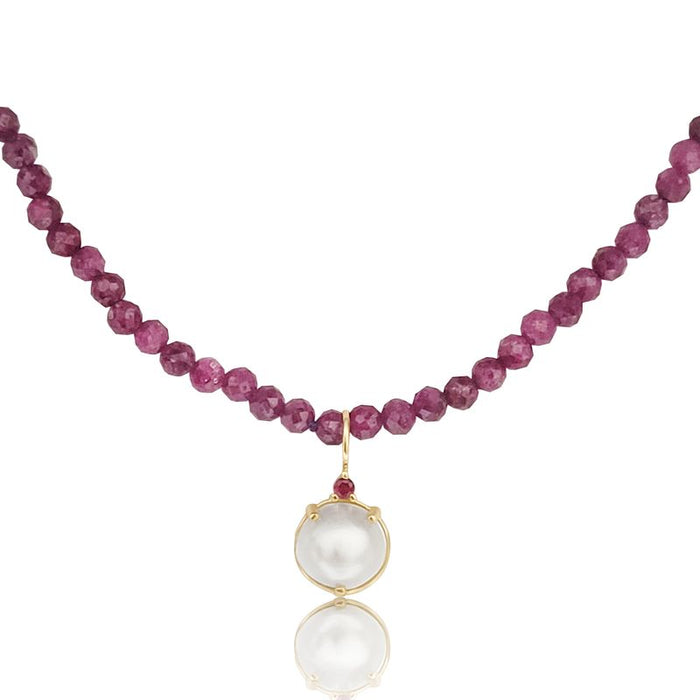 Ruby Precious Stones Necklace, Cultured Pearl, 18K Yellow Gold