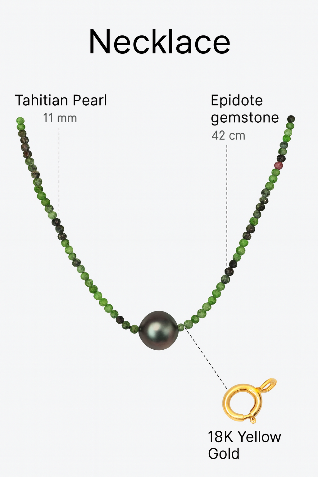 Tahiti Pearl 11 mm dark Color Excellent Luster, Epidote Precious Stones, 18K  Gold Clasp