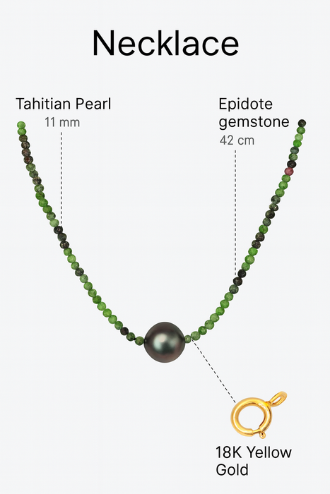 Tahiti Pearl 11 mm dark Color Excellent Luster, Epidote Precious Stones, 18K  Gold Clasp
