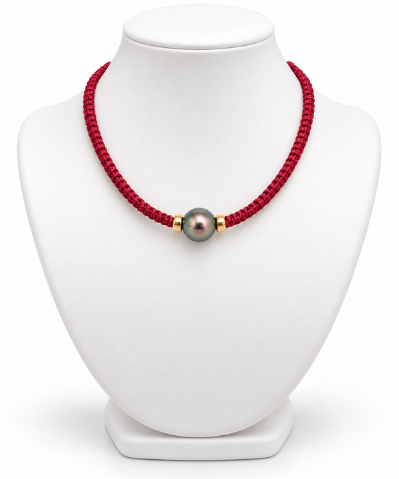 Tahiti Pearl 11-12 mm Necklace & Gold Donuts, Handmade in Macramé,