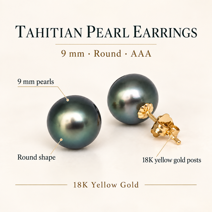 Tahitian Pearl Stud Earrings 9-10 mm, AAA, 18K Solid Gold