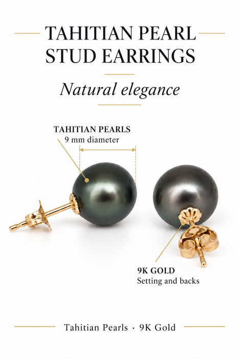 Tahiti Pearls 9 mm AAA Dark Naturala Color and High Luster 9K Yellow Gold