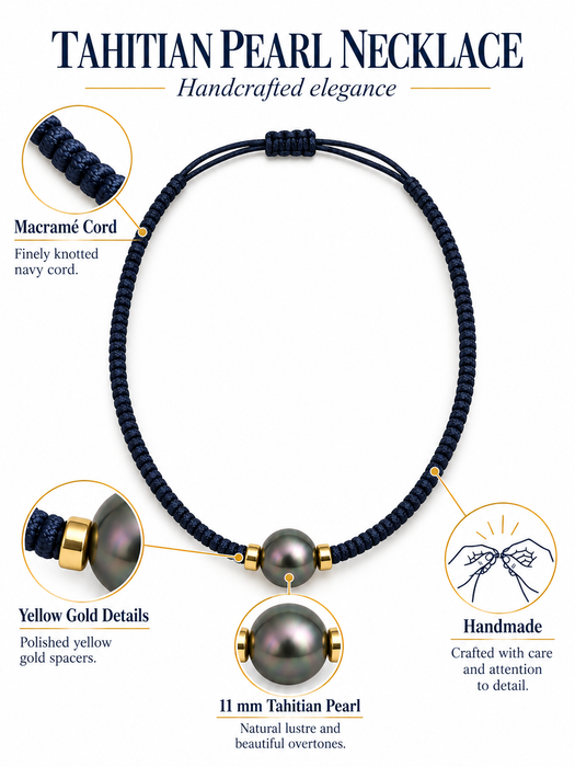 Tahiti Pearl 11 mm Necklace, Macramé and Gold, Handmade,