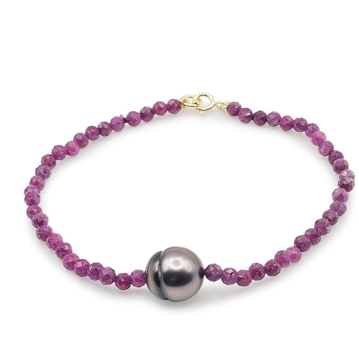 Tahiti Pearl Bracelet and Rubies Precious stones 18K Gold clasp