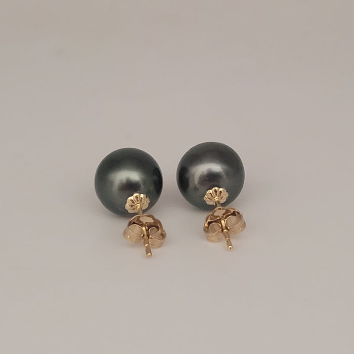 Tahitian Pearl Stud Earrings 9-10 mm, AAA, 18K Solid Gold