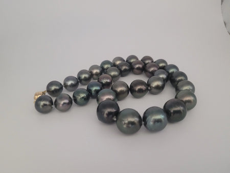 Tahiti Pearls Necklace 12-14 mm Round High Luster, dark color, 18K gold clasp | The South Sea Pearl |  The South Sea Pearl