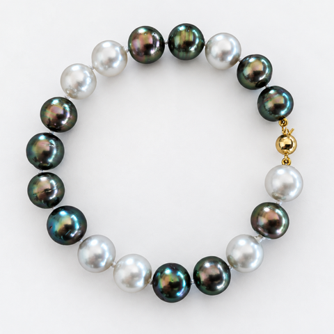 Tahitian Pearls & White South Sea Pearls Bracelet 9-10 mm, 18 Karat Solid Yellow Gold Clasp